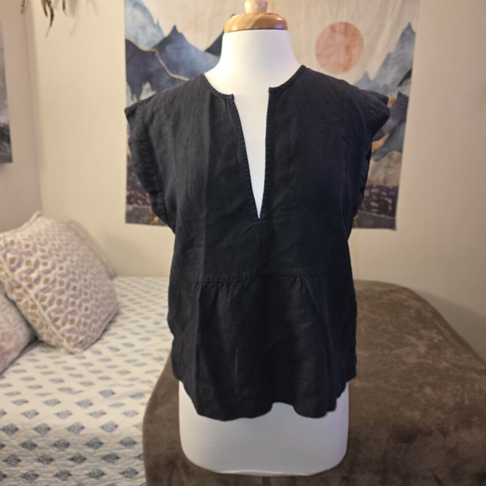 AG Adriano Goldschmied Trista Black Linen Chambray Notch V-Neck Blouse Small - Picture 10 of 14